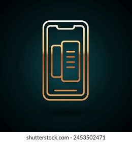 Gold line Smartphone, mobile phone icon isolated on dark blue background.  Vector Illustration