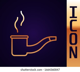 Gold line Smoking pipe with smoke icon isolated on black background. Tobacco pipe.  Vector Illustration