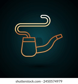 Gold line Smoking pipe with smoke icon isolated on dark blue background. Tobacco pipe.  Vector