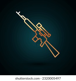 Gold line Sniper rifle with scope icon isolated on dark blue background.  Vector Illustration