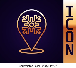 Goldene Linie Schneeflocken Symbol einzeln auf schwarzem Hintergrund. Frohe Weihnachten und glückliches neues Jahr.  Vektorgrafik