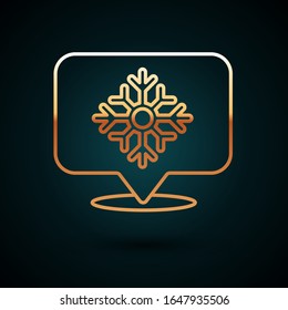 Gold line Snowflake with speech bubble icon isolated on dark blue background. Merry Christmas and Happy New Year.  Vector Illustration