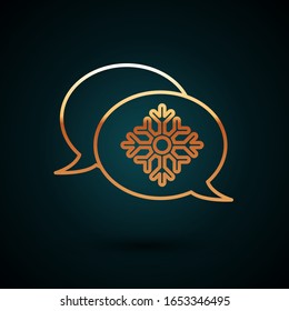Gold line Snowflake with speech bubble icon isolated on dark blue background. Merry Christmas and Happy New Year.  Vector Illustration