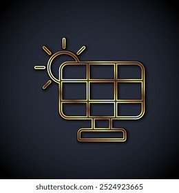 Gold line Solar energy panel icon isolated on black background.  Vector