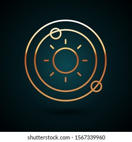 Gold line Solar system icon isolated on dark blue background. The planets revolve around the star.  Vector Illustration