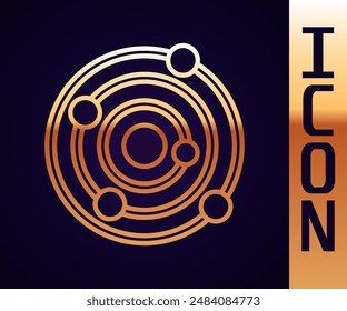 Gold line Solar system icon isolated on black background. The planets revolve around the star.  Vector