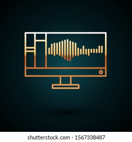 Gold line Sound or audio recorder or editor software on computer monitor icon isolated on dark blue background.  Vector Illustration