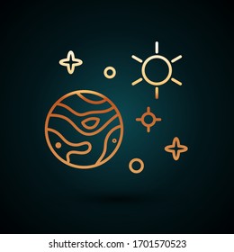 Gold line Space and planet icon isolated on dark blue background. Planets surface with craters, stars and comets.  Vector Illustration