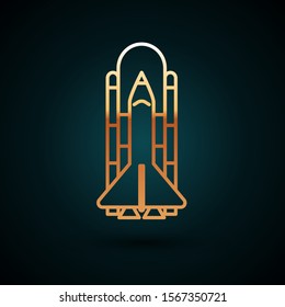Gold line Space shuttle and rockets icon isolated on dark blue background.  Vector Illustration