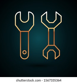Gold line Spanner icon isolated on dark blue background.  Vector Illustration