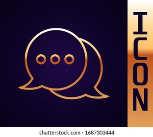 Gold line Speech bubble chat icon isolated on black background. Message icon. Communication or comment chat symbol.  Vector Illustration