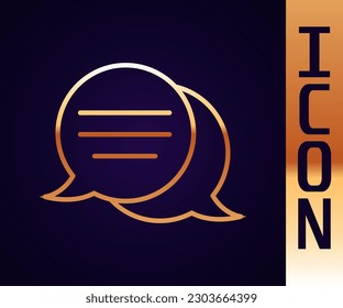 Gold line Speech bubble chat icon isolated on black background. Message icon. Communication or comment chat symbol.  Vector