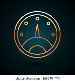 Gold line Speedometer icon isolated on dark blue background.  Vector Illustration
