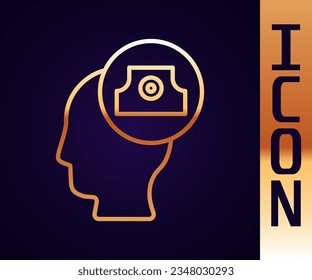 Gold line Spray can nozzle cap icon isolated on black background.  Vector