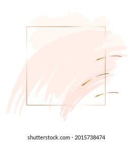 Marco cuadrado de línea dorada y desnudo pastel, rosa, mancha dorada, pinceladas en un fondo blanco. Plantilla de diseño de vectores para tarjeta, portada, afiche. 
