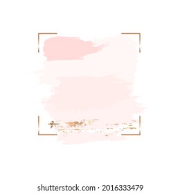 Marco cuadrado de línea dorada y pinceladas en tonos pastel, rosa y dorado sobre un fondo blanco. Plantilla de diseño de vectores para tarjetas, portadas, afiches, medios sociales. 