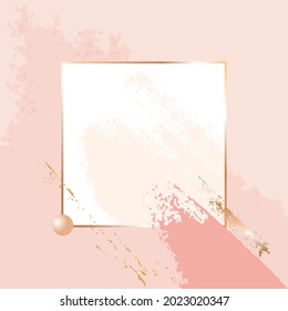 Goldener Rahmen und pastellrosa, Akt, goldene Flecken, Pinselstriche, goldener Ball auf rosafarbenem Hintergrund. Vektordesign-Vorlage für Karte, Abdeckung, Poster. 