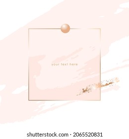 Marco cuadrado de línea dorada y melocotón pastel, pinceladas rosadas, doradas y bola de oro sobre un fondo blanco. Plantilla de diseño de vectores para tarjeta, portada, afiche. 