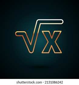 Gold Line Square Root Of X Glyph Icon Isolated On Dark Blue Background. Mathematical Expression.  Vector