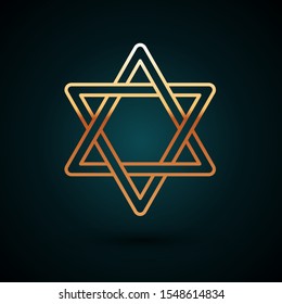 Gold line Star of David icon isolated on dark blue background. Jewish religion symbol. Symbol of Israel.  Vector Illustration