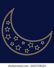Gold line stars and crescent moon icon symbol element for astrology, esoteric, tarot, mystic and magic concept design