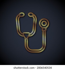 Gold line Stethoscope medical instrument icon isolated on black background.  Vector