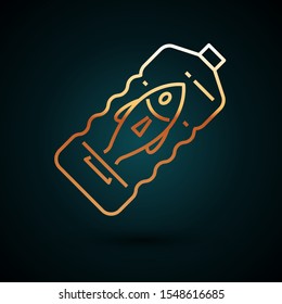 Gold line Stop ocean plastic pollution icon isolated on dark blue background. Environment protection concept. Fish say no to plastic.  Vector Illustration
