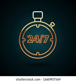 Icono de la línea dorada Stopwatch 24 horas aislado en fondo azul oscuro. Icono cíclico de todo el día. símbolo de servicio las 24 horas. Ilustración vectorial
