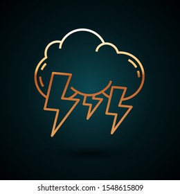 Gold line Storm icon isolated on dark blue background. Cloud and lightning sign. Weather icon of storm.  Vector Illustration