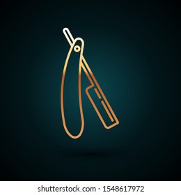 Gold line Straight razor icon isolated on dark blue background. Barbershop symbol.  Vector Illustration