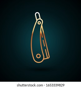 Gold line Straight razor icon isolated on dark blue background. Barbershop symbol.  Vector Illustration