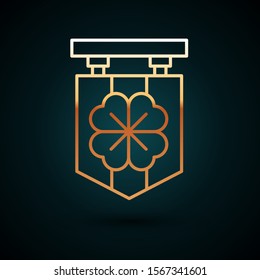 Gold line Street signboard with four leaf clover icon isolated on dark blue background. Suitable for advertisements bar, cafe, pub.  Vector Illustration