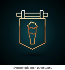 Gold line Street signboard with glass of beer icon isolated on dark blue background. Suitable for advertisements bar, cafe, pub, restaurant.  Vector Illustration