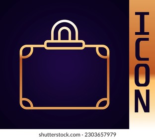 Gold line Suitcase for travel icon isolated on black background. Traveling baggage sign. Travel luggage icon.  Vector