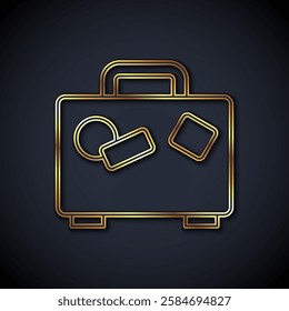 Gold line Suitcase for travel icon isolated on black background. Traveling baggage sign. Travel luggage icon.  Vector