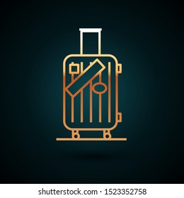 Gold line Suitcase for travel and stickers icon isolated on dark blue background. Traveling baggage sign. Travel luggage icon.  Vector Illustration