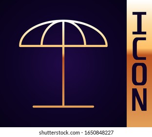 Gold line Sun protective umbrella for beach icon isolated on black background. Large parasol for outdoor space. Beach umbrella.  Vector Illustration