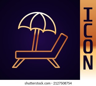 Gold line Sunbed icon isolated on black background. Beach umbrella and Sun lounger.  Vector