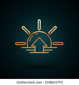 Gold line Sunrise icon isolated on dark blue background.  Vector Illustration