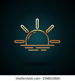Gold line Sunrise icon isolated on dark blue background.  Vector Illustration