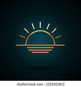Gold line Sunset icon isolated on dark blue background.  Vector Illustration