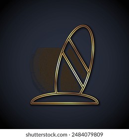 Gold line Surfboard icon isolated on black background. Surfing board. Extreme sport. Sport equipment.  Vector