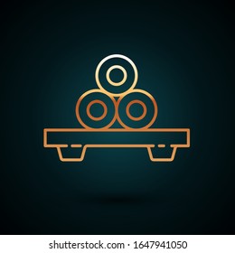 Gold line Sushi on cutting board icon isolated on dark blue background. Asian food sushi on wooden board.  Vector Illustration