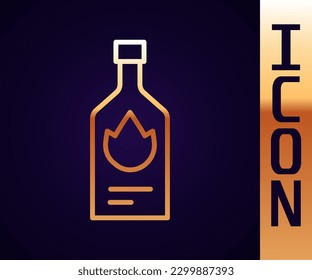 Gold line Tabasco sauce icon isolated on black background. Chili cayenne spicy pepper sauce.  Vector