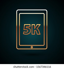 Gold line Tablet with text 5k icon isolated on dark blue background.  Vector Illustration