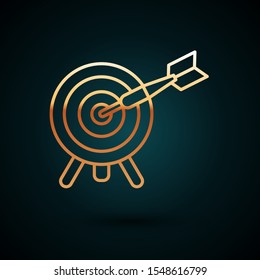 Gold line Target with arrow icon isolated on dark blue background. Dart board sign. Archery board icon. Dartboard sign. Business goal concept.  Vector Illustration