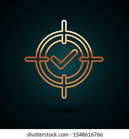 Gold line Target and check mark icon isolated on dark blue background. Dart board sign. Archery board icon. Dartboard sign. Business goal concept.  Vector Illustration