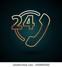 Gold line Telephone 24 hours support icon isolated on dark blue background. All-day customer support call-center. Full time call services.  Vector Illustration