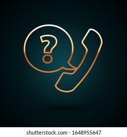 Gold line Telephone handset and speech bubble chat icon isolated on dark blue background. Phone sign.  Vector Illustration
