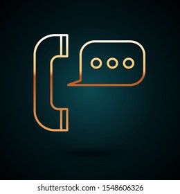 Gold line Telephone with speech bubble chat icon isolated on dark blue background. Support customer service, hotline, call center, faq, maintenance.  Vector Illustration